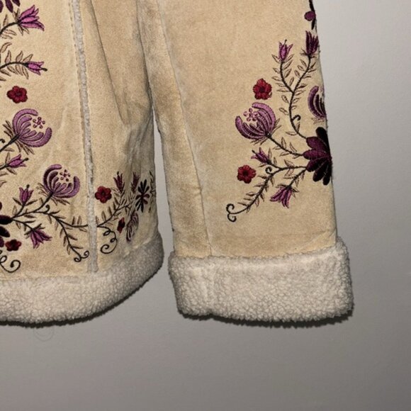 Bohemian Genuine Leatherher Floral Embroidered Tan Jacket Coat Button Up - Picture 3 of 8